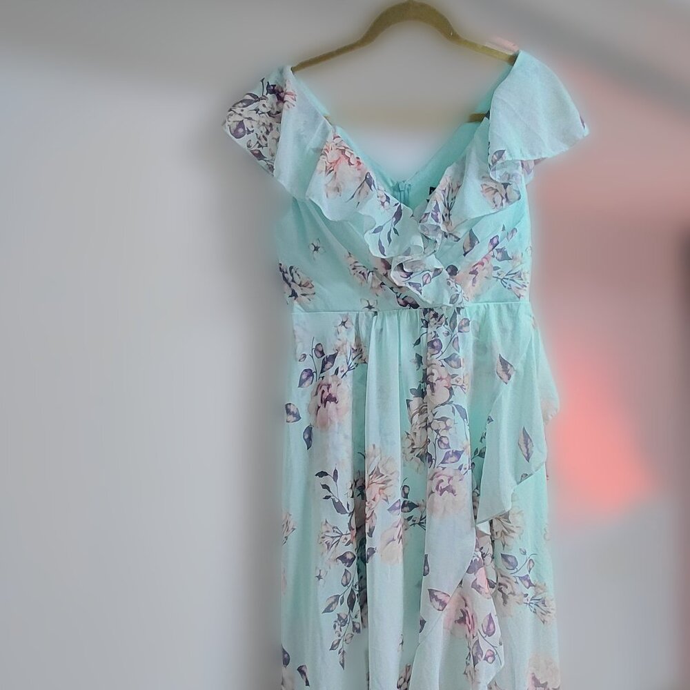 Mint Blue - Floral Print Belted High Low Wrap Dress - V Neckline Sleevless